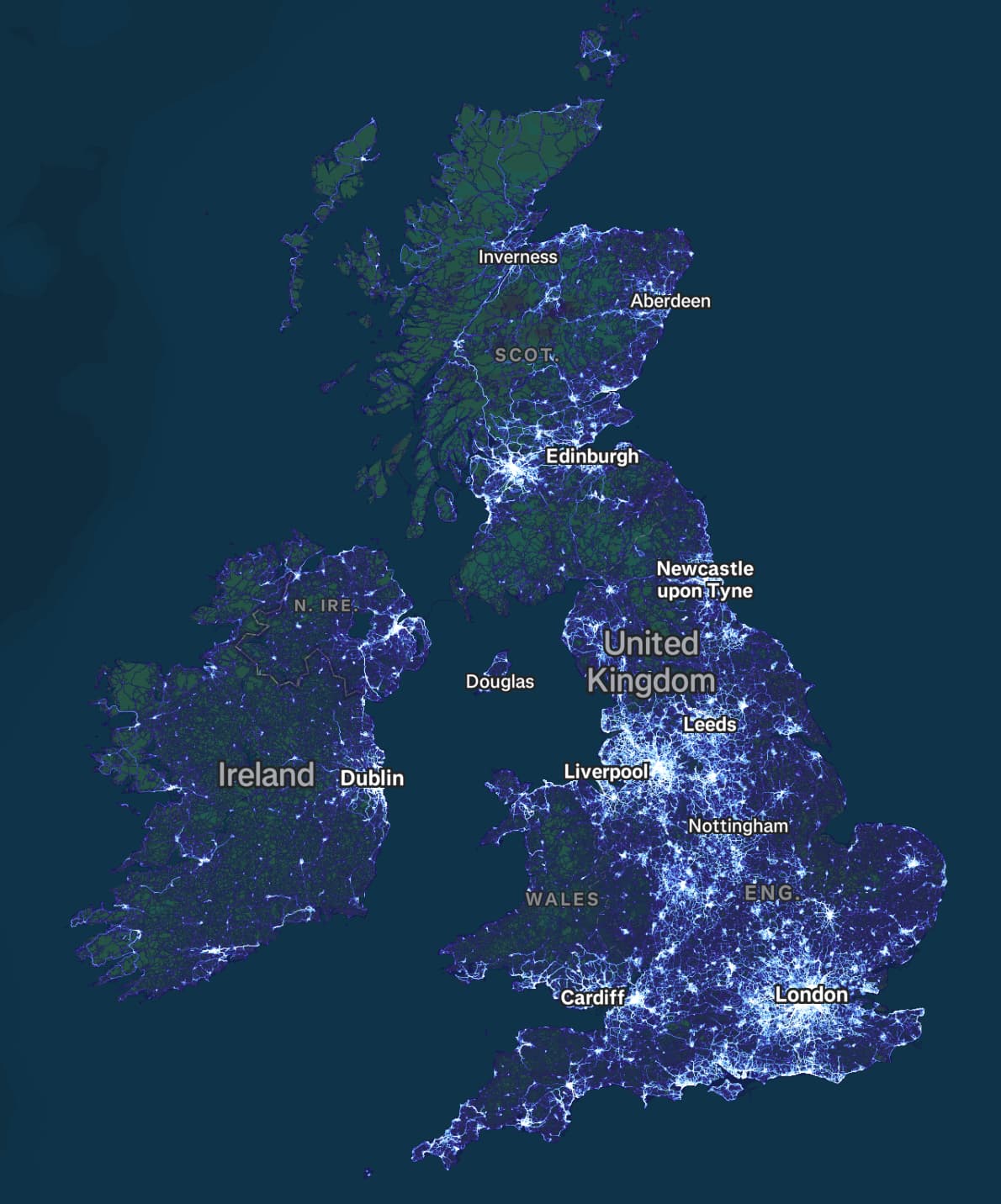 Strava UK Heatmap showing dense activity in cities, particularly London