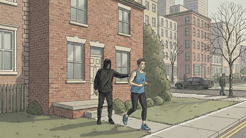 A runner leaves their city home, but a silhouetted person is lurking behind them