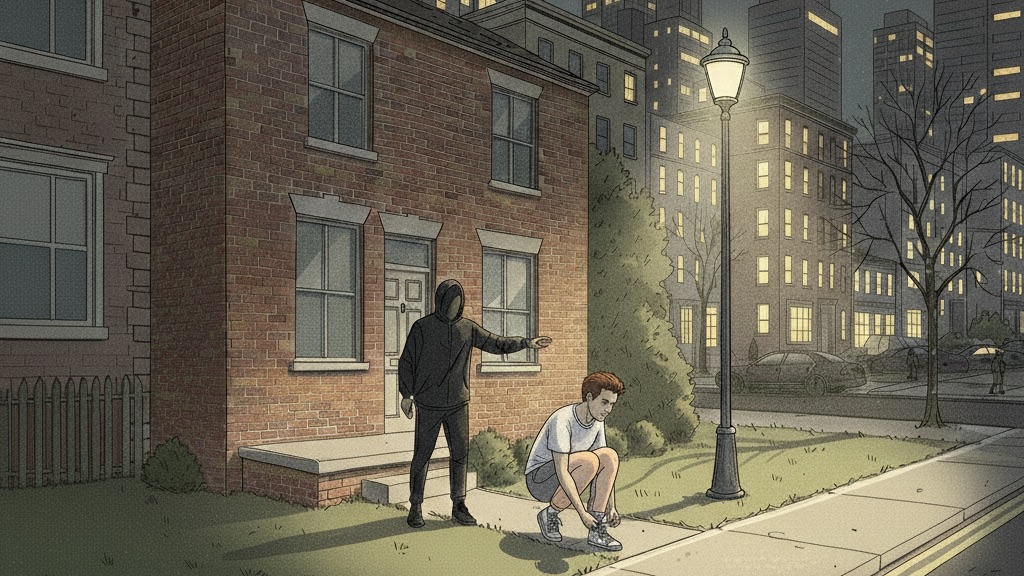 A more amateur, new runner leaves their city home at night and ties their shoelaces, but a silhouetted person is lurking behind them