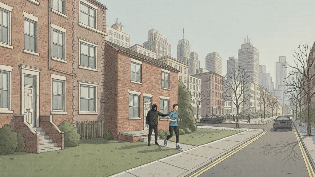 A zoomed out view of a runner leaving their city home, but a silhouetted person is lurking behind them