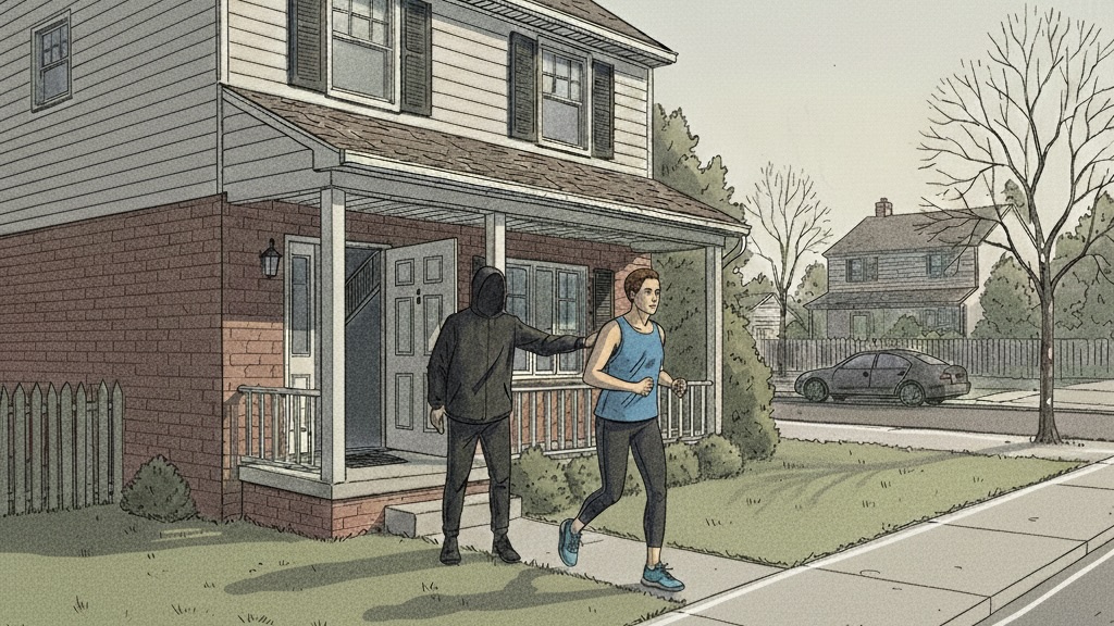 A runner leaves their suburban home, but a silhouetted person is lurking behind them