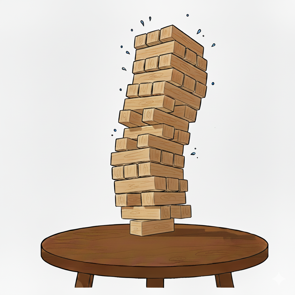 A Jenga tower about to collapse in the endgame